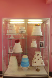 Display case of wedding cake