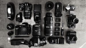Camera gear display showing bodies and lenses