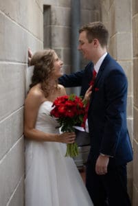 Bride and groom share a laugh