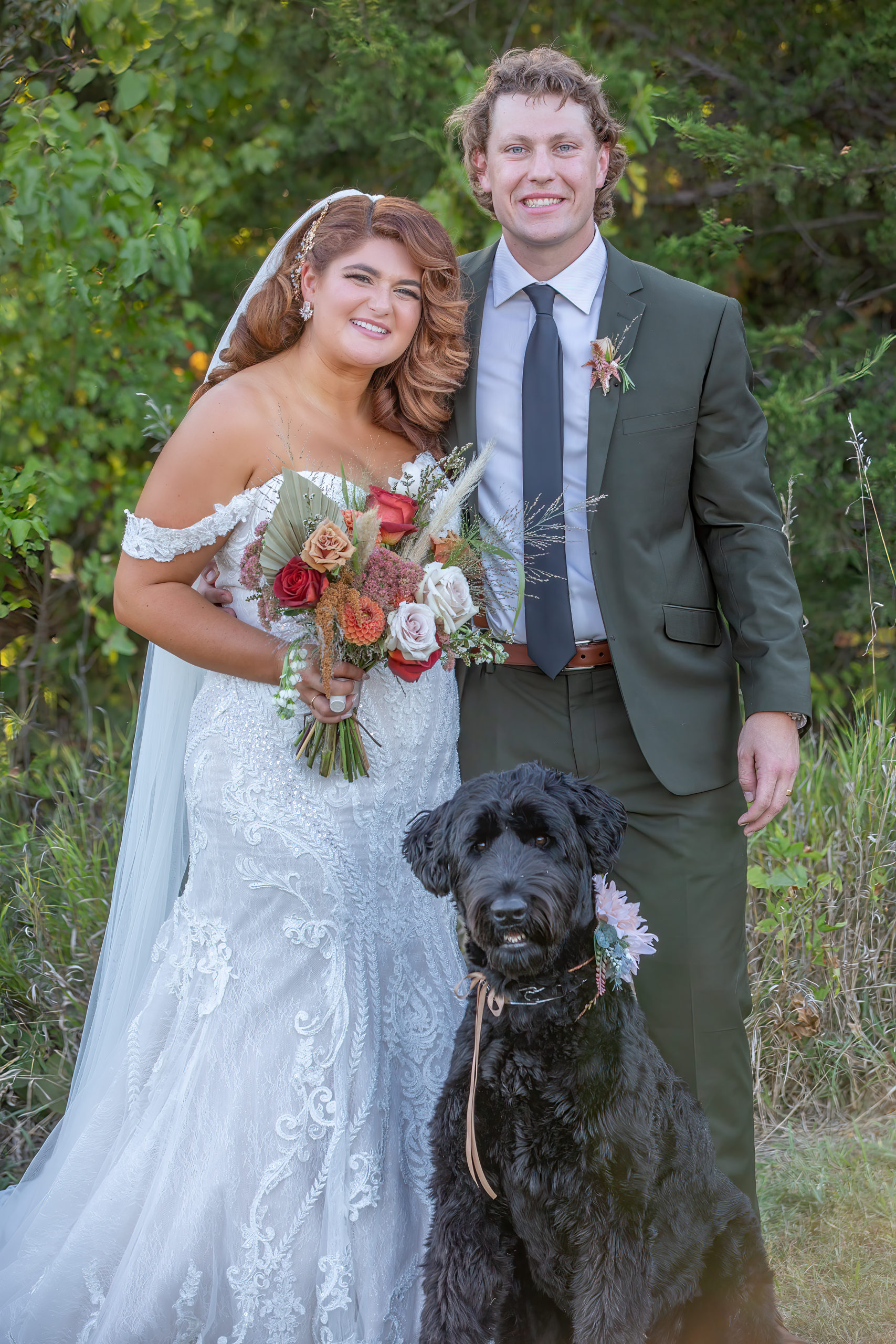 bride and groom with their dog at Slattery Vintage Estates Wedding