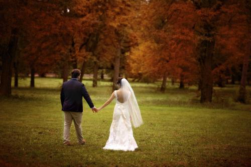 bride and groom walk in the park