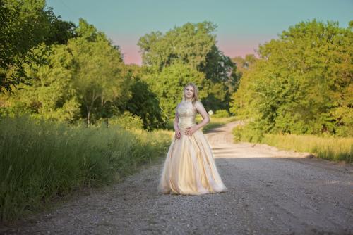 Girl in gold gown on a country road